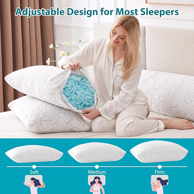 Cooling Pillows for Sleeping 1 Pack, Standard Size Adjustable Shredded Memory Foam Pillows, Firm Bed Pillows for Side, Back, Stomach, Hot Sleepers, Cold Single Pillow for College Dorm Room