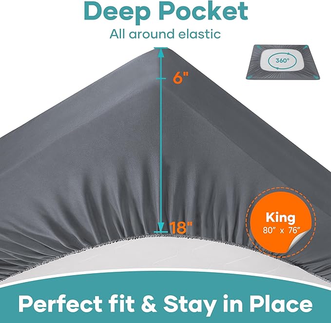OhGeni 100% Waterproof Mattress Protector, King Grey Size, Fitted Sheet with Deep Pockets, 6''-18'', Premium Noiseless Breathable Soft Material, Mattresses Cover for Bed