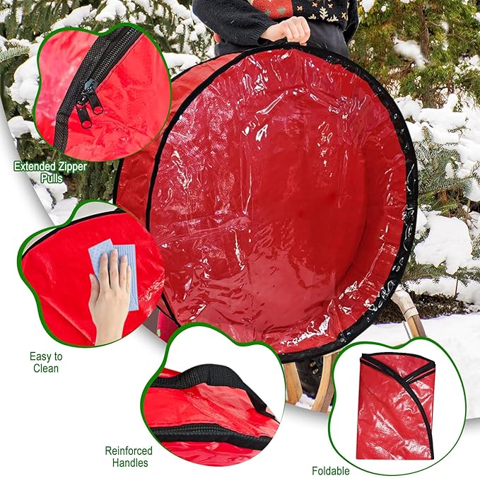 4 Pack 30x8Inch Christmas Wreath Storage Container, Large Clear Holiday Garland Storage Bags with Handle (Red)