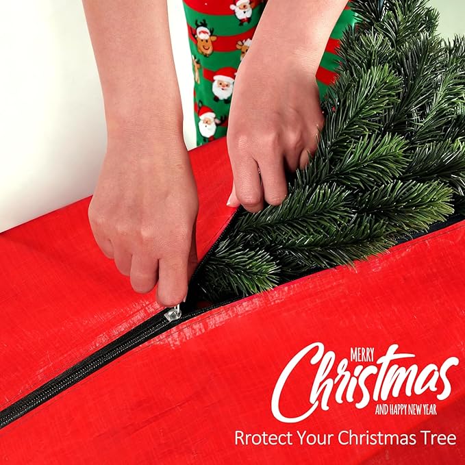 HABGP 7.5 ft Christmas Tree Storage Bag, Fits Artificial Xmas Holiday Tree, Durable Christmas Tree Storage Box Waterproof Material with Zippered Bag & Carry Handles, Protects from Dust, Moisture - Red