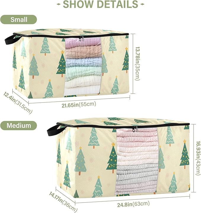 Burbuja Christmas Tree Clothes Storage Bag with Lids and Handle, 2 Pack Foldable Blanket Storage Container with Sturdy Zipper & Clear Window for Bedroom Closet, 60L