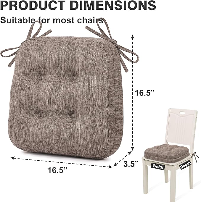 Shinnwa Dining Chair Cushions Set of 2, Dual-Layer Memory Foam Kitchen Chair Cushions, Patented Design Seat Pads with Ties, 16.5 x 16.5 x 3.5in, 2 Pack, Light Brown