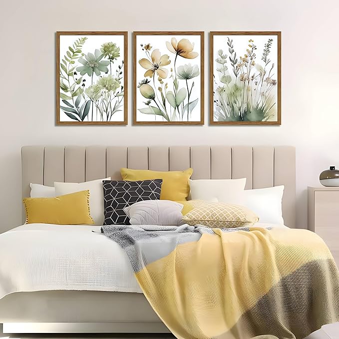 Wood Framed Sage Green Botanical Wall Art Set of 3, Boho Floral Canvas Wall Decor Paintings, Minimalist Flower Posters Prints Pictures for Bedroom Bathroom Living Room Home Decor 16x24 Inch