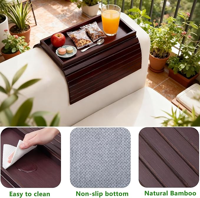 Bamboo Couch Arm Tray Table, Foldable Sofa Rest with Non-Slip Base Portable Armchair Cup Phone Holder for Drinks, Remote, Snacks Fits Most Recliners Couches, Easy-Clean Surface(Mahogany)