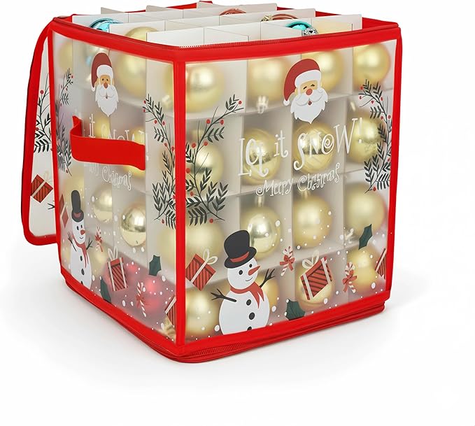 Christmas Ornament Storage Box, Christmas Tree Ornament Organizer, Hard Plastic Storage Container with Dividers, Clear Design Waterproof Case for 3" Seasons Balls (Red)
