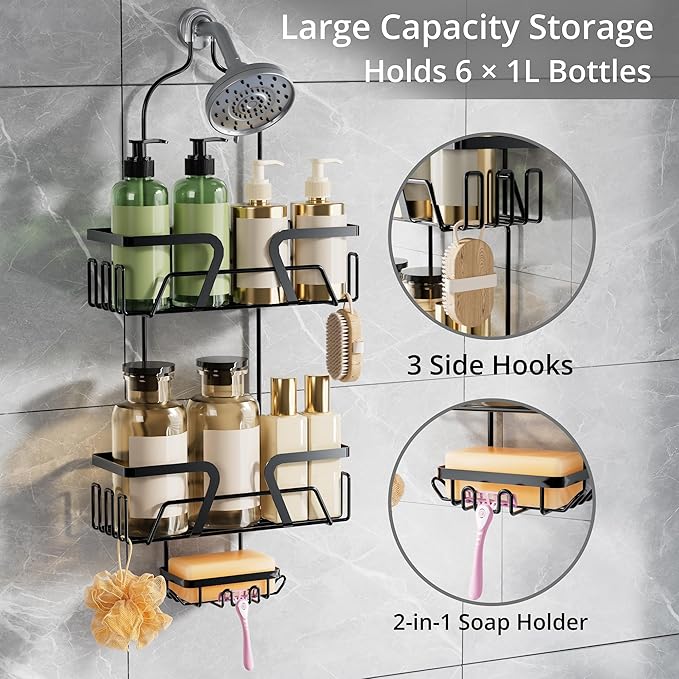 DAOYA Shower Caddy Hanging with 3 Soap Holder - Over the Shower Head Caddy for Bathroom Organization(for Bathroom Organization, 24 Side Hooks, 3 Razor Holder