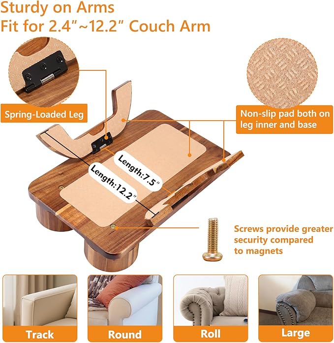 4-in-1 Acacia Couch Arm Table with Removable Cheese Board, Stability-Enhanced Sofa Armrest Tray with 360° Rotating Dual Cup Holders & Phone Stand, Side Table for Drinks & Snacks, 15.7"x9.8"