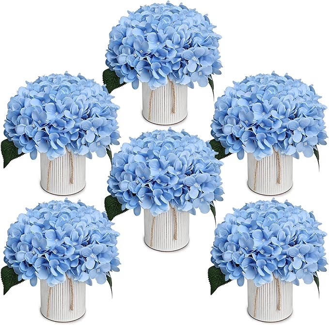 Flower Table Centerpieces - Set of 6 Floral Arrangement Artificial Wedding Hydrangeas Floral Arrangement with Rustic Metal Vase for Bridal Tea Party Event Decorations - Pastel Blue