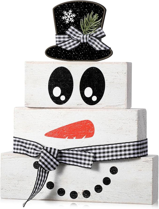 Moucuny 4 Pcs Winter Table Decoration Wooden Snowman Decor Black and White Winter Tiered Tray Decor Rustic Snowman Face Wood Block Sign Gift Christmas Centerpiece Farmhouse for Wonderland Home