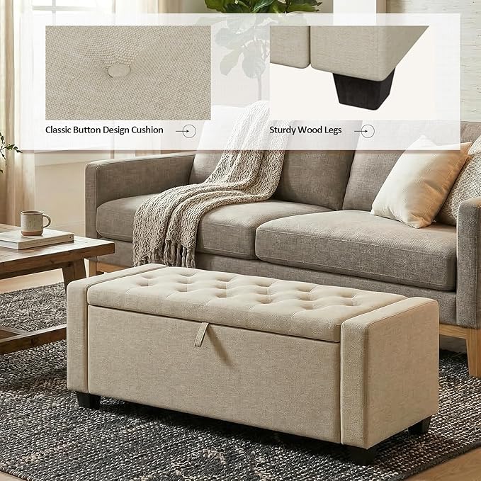Storage Ottoman Bench, 50" End of Bed Bench with Legs,Storage Chest with Safety Hinge, Modern Entryway Benchs for Living Room, Bedroom, Entryway, Beige