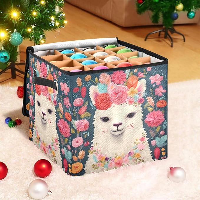 Kigai Alpaca Christmas Ornament Storage Box with Zipper & Adjustable Dividers Holiday Ornament Organizer Xmas Storage Container, 64 Balls