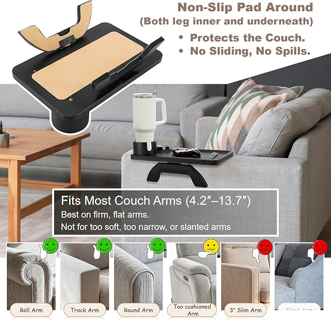 Black Couch Arm Table, Solid Bamboo Sofa Armrest Tray with 360 Rotating Cup Holder & Phone Stand, Large Clip-on Side Table for Drinks & Remote, Fits Round & Square Arms, 15.36x9.85