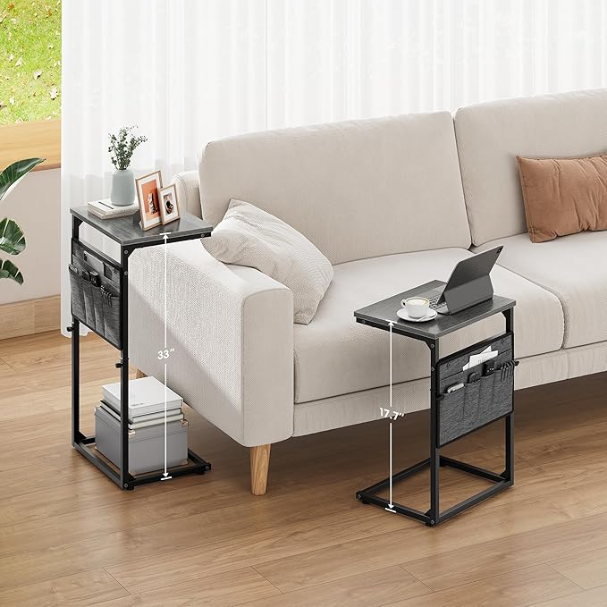Vagusicc C Shaped End Table, 32'' Tall Side Table for Couch, Adjustable Height Small Couch Side Table for Small Spaces, C Table Slide Under Sofa Table TV Tray Arm Table for Living Room Bedroom