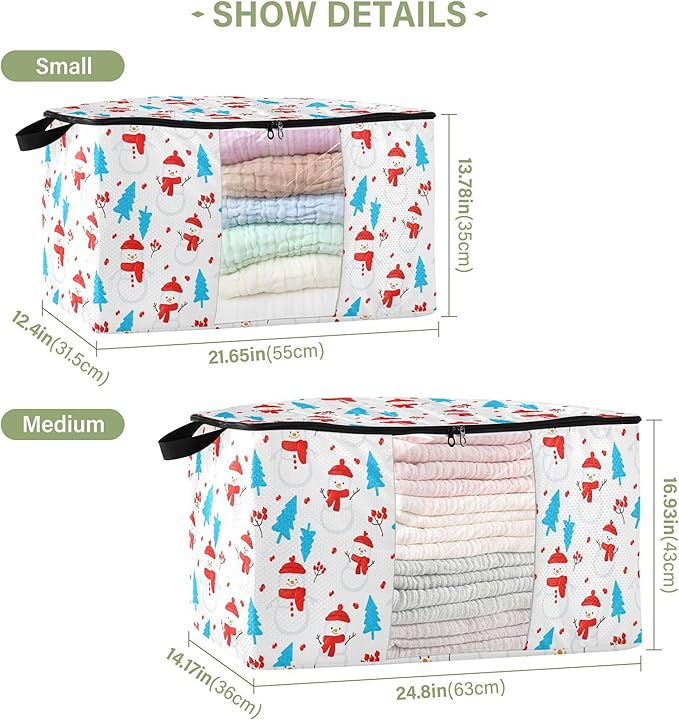 Burbuja 2 Pack Storage Bag Organizer with Handles for Clothes, Blankets, Bedding, Snowmen Tree Foldable Storage Bag with Zipper & Clear Window, 95L