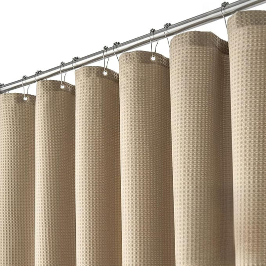 Dynamene Long Fabric Shower Curtain - Waffle Textured Tall Heavy Duty Cloth Shower Curtains for Bathroom, 256GSM Large Hotel Spa Luxury Bath Curtain Set with 12 Plastic Hooks(72Wx80H, Beige/Khaki)