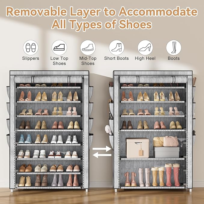 VILICK Shoe Rack with Cover, 8 Tier Tall Shoe Organizer Storage for 36-45 Pair Shoes and Boots Large Shoe Storage Shelf Free Standing Shoe Rack for Closet, Front Door Entrance, Dorm, Garage, Printing