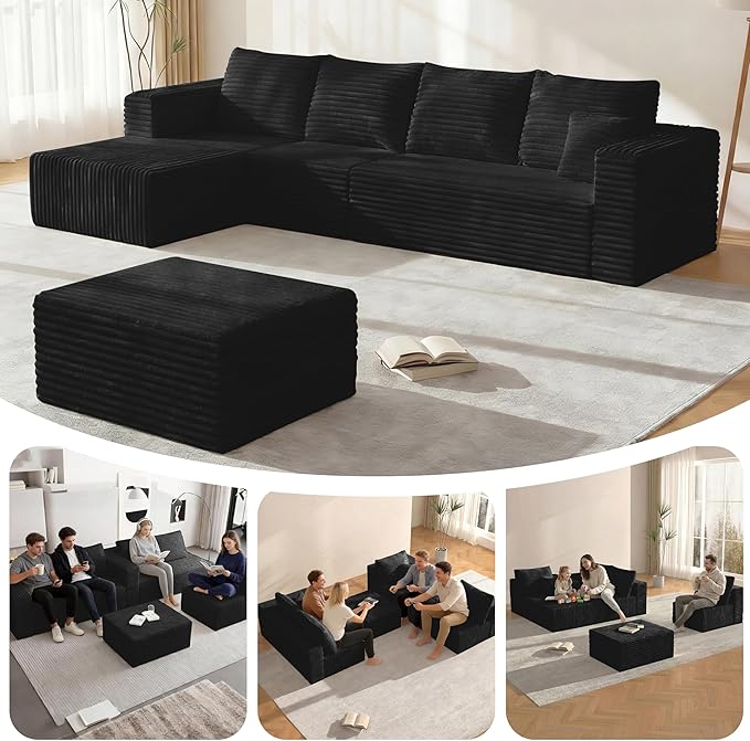 118" U Modular Sectional Sofa, Oversized Cloud Boneless Sofa Couch with Chaise, Modern Corduroy U Shaped Cloud Sofa with Deep Seat & Chaise for Living Room, No Assembly Required | Boneless Compressed, Sofa in a Box, Cloud Couch, Deep Seats, No Assembly...