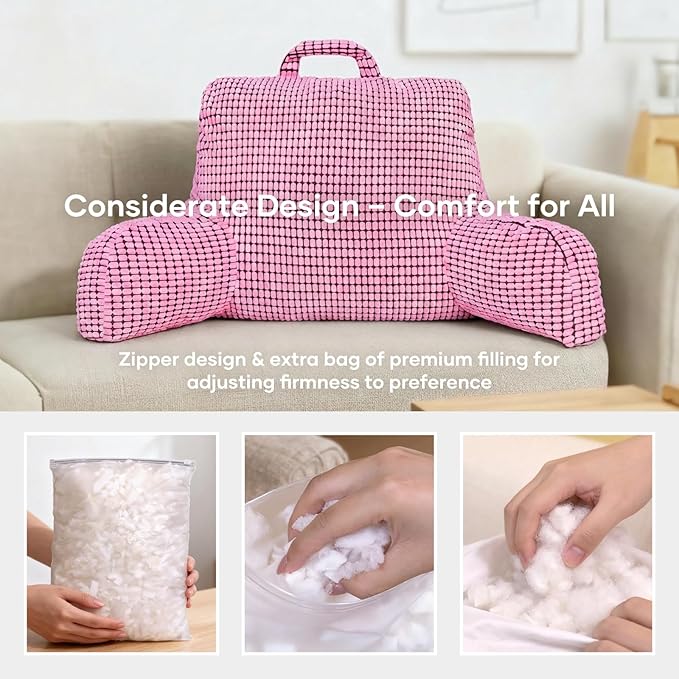 NOONTIDE Reading Pillow L-Size with Top Handle, Uniquely Designed Soft Fabric, Ergonomic Back Support for Bed, Couch & Reading, Comes with a Bag of Filling for Adjustable Firmness (Pink)