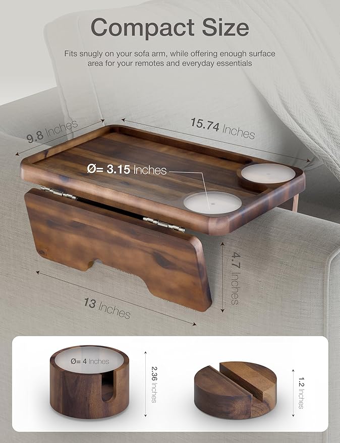 HOLANA Acacia Wood Couch Arm Tray, 15.74”x9.8” Arm Table for Couch - Couch Cup Holder Tray with Rotated Phone Holder, Cup Holder - Clip on Sofa Armchair Caddy with Non-Slip Pad (Walnut Color)