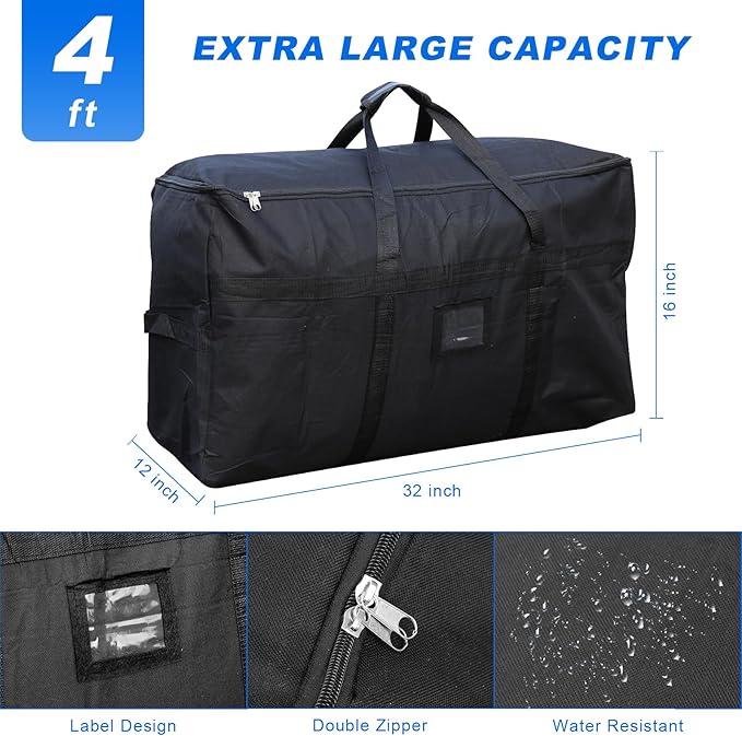 Large Moving Bags,4 FT Christmas Tree Storage Bag with Strong Zipper & Comfortable Handles, Sturdy & Durable Clothes Storage Bags Totes Bins, Black Packing Moving Boxes for College Supplies
