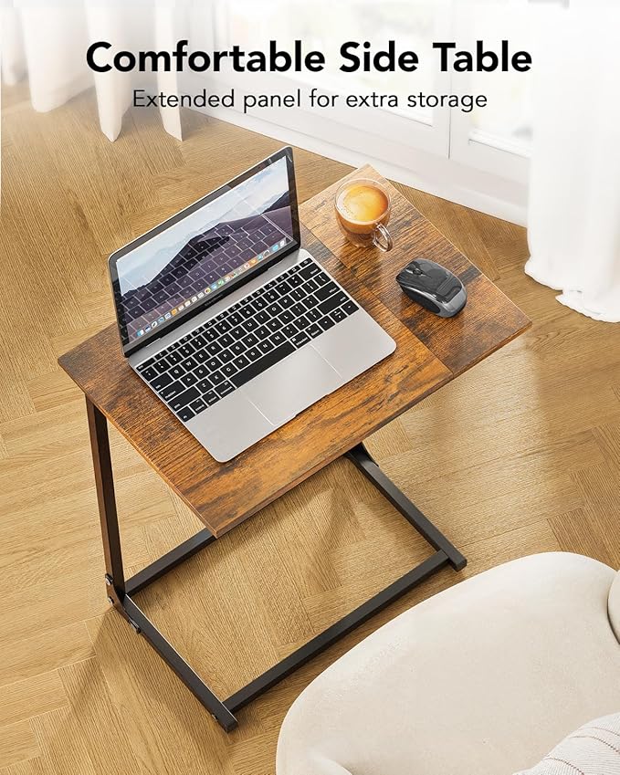 Pipishell C-Shaped Side Table, C Table for Sofa with Two-Piece Desktop & Metal Frame, Large Surface End Table for Living Room, Bedroom, Bedside, Rustic Design