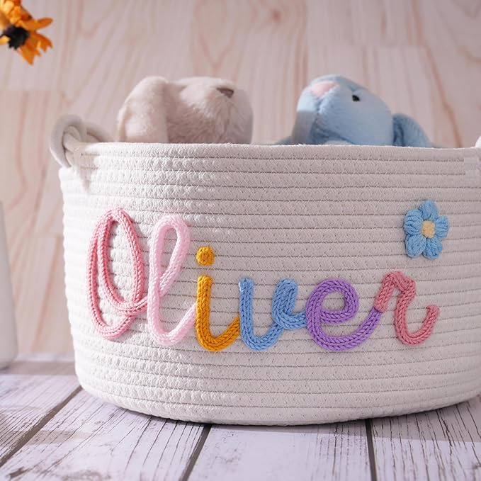 FKOG Baby Show Gift Basket, Personalized Cotton Rope Storage Basket, Baby Nursery Organizer with Custom Name, Newborn Baby Baptism Gift (Mix Color Basket)