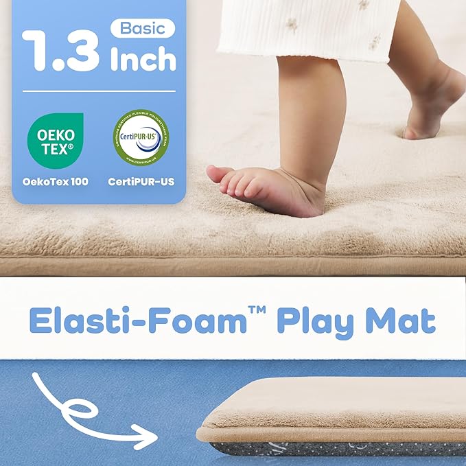 1.3" Thick Baby Floor Play Mat 71x79, Basic Padded Foam Mat for Tummy Time Crawling, Non Slip Cushioned for Babies Toddlers Infants Kids (Beige)