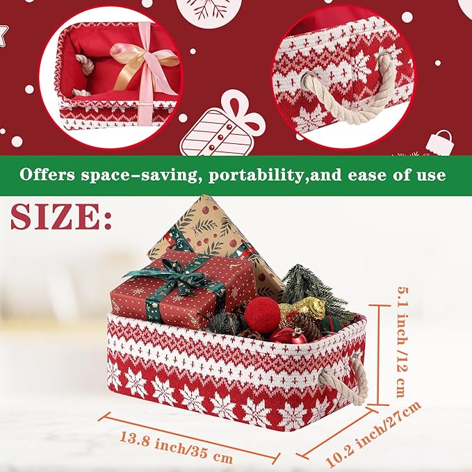 INough Red Christmas Gift Basket, Collapsible Empty Holiday Storage Bin with Handles, Fabric Storage Organizer for Kids, Baby Items, Presents and Festive Home Decorations