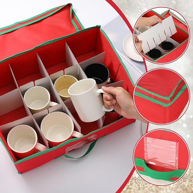 Chunful 2 Pcs Mug Storage Box with Adjustable Divider Christmas Holiday China Storage Organizer Holder for Coffee Mug Cup Christmas Container with Lid Handle Label Window for Moving Supplies, Hold 24