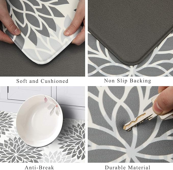 HEBE Anti Fatigue Kitchen Rugs Sets of 2, Non Slip Kitchen Mats for Floor, Waterproof Cushioned Comfort Standing Carpet for Kitchen Sink, Home Office, Laundry Room, Gray