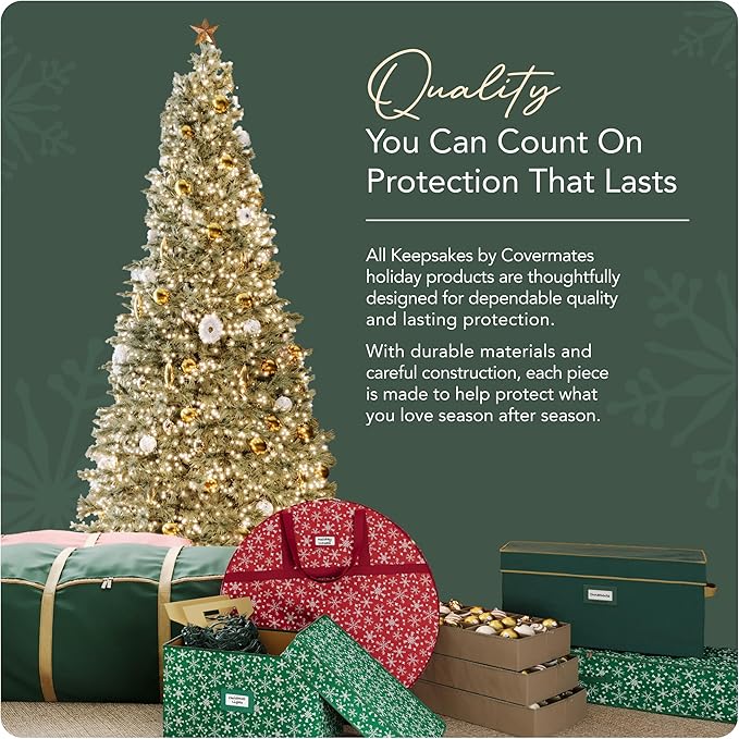 Covermates Keepsakes Rolling Adjustable Ornament Storage Bag – Heavy-Duty Polyester, FlexGrid Trays & Padded Dividers – Protective Holiday Organizer with Wheels, Handles & ID Window, Green