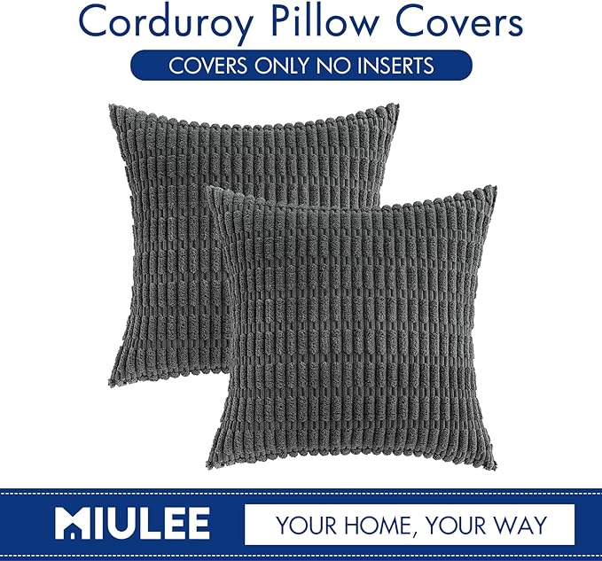 MIULEE Pack of 2 Corduroy Decorative Throw Pillow Covers 20x20 Inch Soft Boho Striped Pillow Covers Modern Farmhouse Home Decor for Sofa Living Room Couch Bed Dark Grey