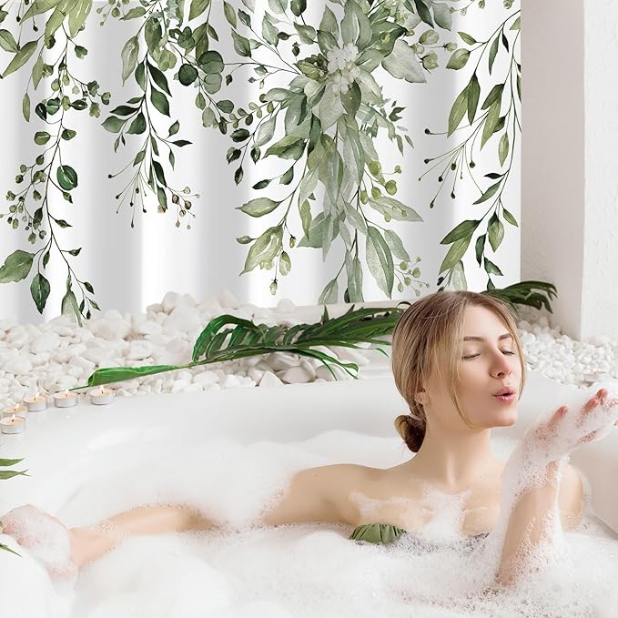 Gibelle Olive Green Eucalyptus Shower Curtain, Watercolor Plant Leaves with Floral Bathroom Shower Curtain Set, 72x72