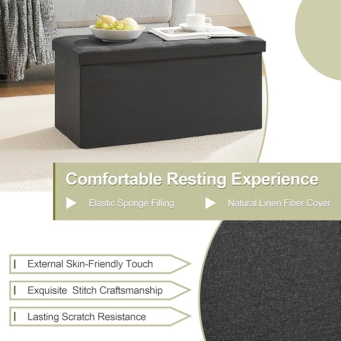VECELO 30'' Folding Storage Ottoman Bench, Storage Chest, Linen Fabric Foot Rest Stool, 110L Storage Footstools for Bedroom and Living Room, Holds up to 440 lbs, Dark Black