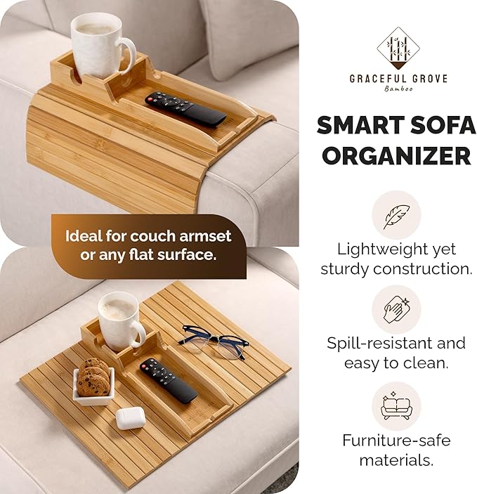 Bamboo Sofa Arm Tray Table with Cup Holder & 2 Cork Coasters, Phone Slot & Charging Cable Holder, Foldable Couch Arm Tray with Non Slip Base, Couch Cup Holder for Drinks, Remote, Snacks