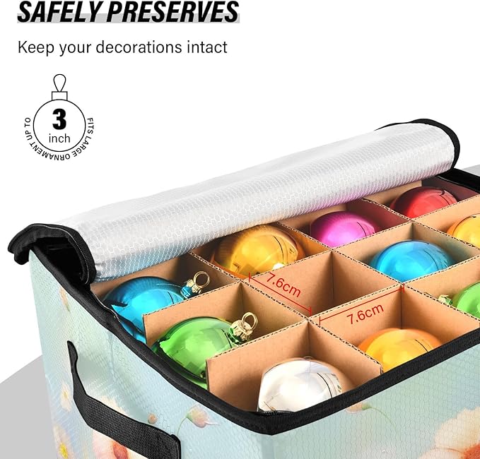 Kigai Wild Flower Christmas Ornament Storage Box with Zipper & Adjustable Dividers Holiday Ornament Organizer Xmas Storage Container, 64 Balls
