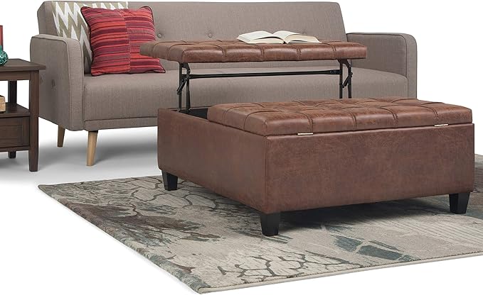 SIMPLIHOME Harrison Coffee Table Storage Ottoman - 36 inch Wide Upholstered Vegan Leather Square Lift-Top Ottoman in Distressed Umber Brown, Transitional Ottoman for Living Room with Storage