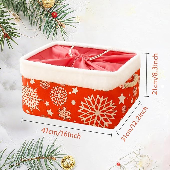 INough Christmas Ornament Storage Box Holiday Decoration Organizer, Christmas Basket for Kids Large Gifts Baskets Empty with Handles Christmas Santa Sack with Drawstring (Large, Snowflake)