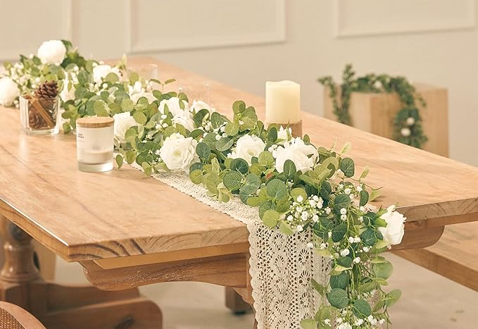 Anna's Whimsy 2PCS 5.91FT Artificial Eucalyptus Garland with Flowers, Fake Rose Gypsophila Garland, Faux Floral Greenery Garlands for Wedding Spring Home Party Table Runner Decor（White）