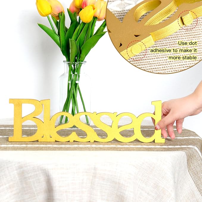 Blessed Letter Table Sign,Rustic Wooden Home Signs Decor (Gold)