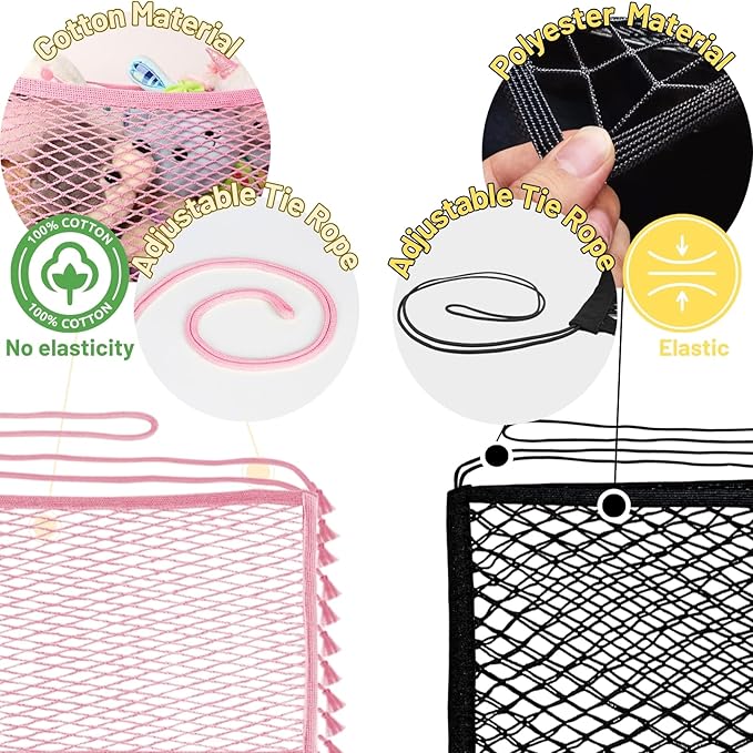 2 Pack Stuffed Animal Hammock, Bedside Stuffed Animal Storage Net Corner - Kids Nursery Wall Bedroom Home Decor, Cotton Bedside Toy Organizer Net with Tether, Stretches up to 36 In, Pink
