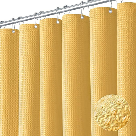 Dynamene Extra Long Shower Curtain - 84 Inch Long Waffle Weave Heavy Duty Fabric Bathroom Shower Curtain, Neutral Weighted Hotel Thick Bath Curtain Set with 12 Plastic Hooks,72x84, Gold