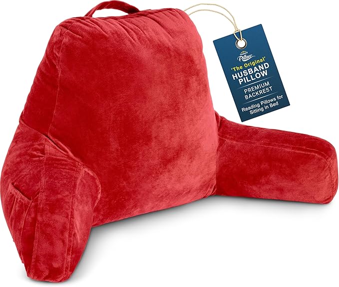 Husband Pillow Red, Original Reading Pillow in Bed Rest Chair, Shredded Memory Foam Large Lounge Cushion Adult Backrest with Arms, Comfy Back Support for Sit Sitting Up, Washable/Removable Cover