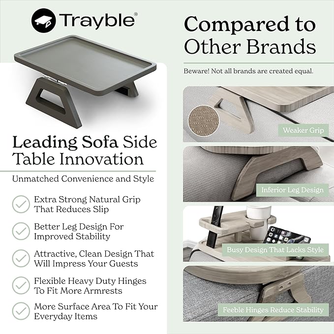 Shamrock Home Bamboo Trayble Couch Arm Table, Clip On Tray Sofa Table for Couches. Sofa Arm Tray, Armchair Table for TV Dinners, Remotes, Drinks and Snacks - 13.75 x 9.5inch, Grey