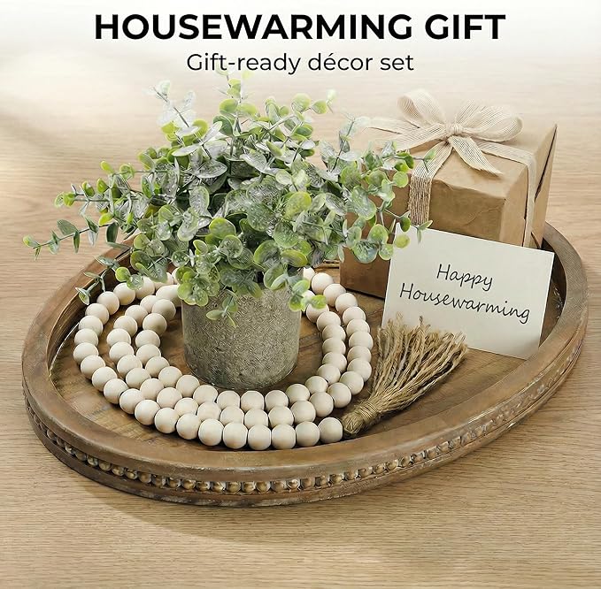 16" x 11.8" Oval Wood Decorative Tray with 58" Bead Garland, Farmhouse Coffee Table & Kitchen Island Décor, Rustic Brown Entryway Console Tray for Styling, Candles & Small Items