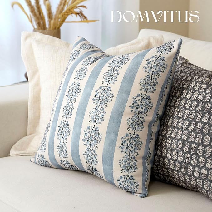 DOMVITUS Floral Throw Pillow Covers 18x18 Inch Set of 2, Block Print Decorative Pillow Covers Vintage Striped Neutral Farmhouse Boho Home Decor for Couch Sofa Bed Living Room, Light Blue