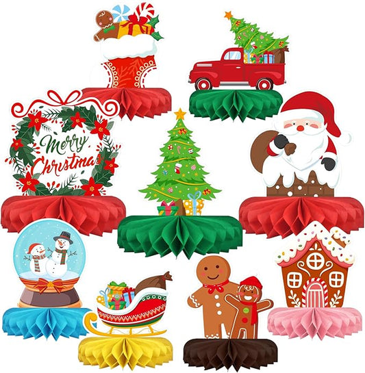 Merry Christmas Party Decorations Bundle - Includes Festive Christmas Honeycomb Centerpieces ，Santa Claus Snowman Table Toppers, Perfect for Classroom Decor, Christmas & Winter Birthday Party Supplies