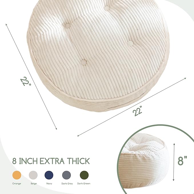 HIGOGOGO 8" Extra Thick Floor Pillow Cushion for Adults, Meditation Cushion Pillow, Large Round Floor Sitting, Tufted Corduroy Cover, for Tatami Living Room or Yoga, 22x22 Inch, Beige