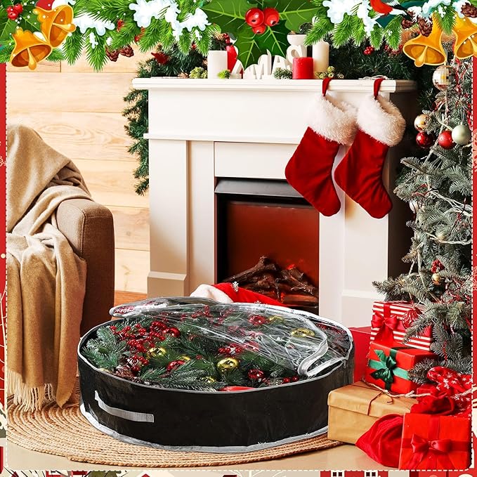 Aliceset 4 Pack Wreath Storage Containers, Ornament Garland Wreath Storage Bags with Handle Zipper Decorative Storages Box for Winter Valentine Wreaths(36 x 36 x 7.8 Inch,Black)