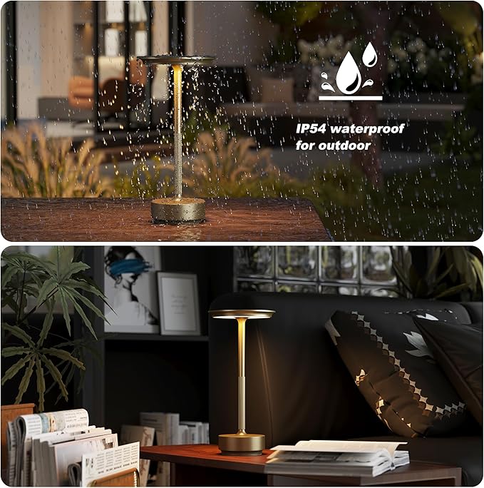 TBBGA 2 Pack Rechargeable Cordless Table Lamps, Portable 5000mAh Battery Table Light, 3 Color Stepless Dimming LED Table Light with Memory Function, for Outdoor/Dinner/Patio/Restaurant.(Gold)